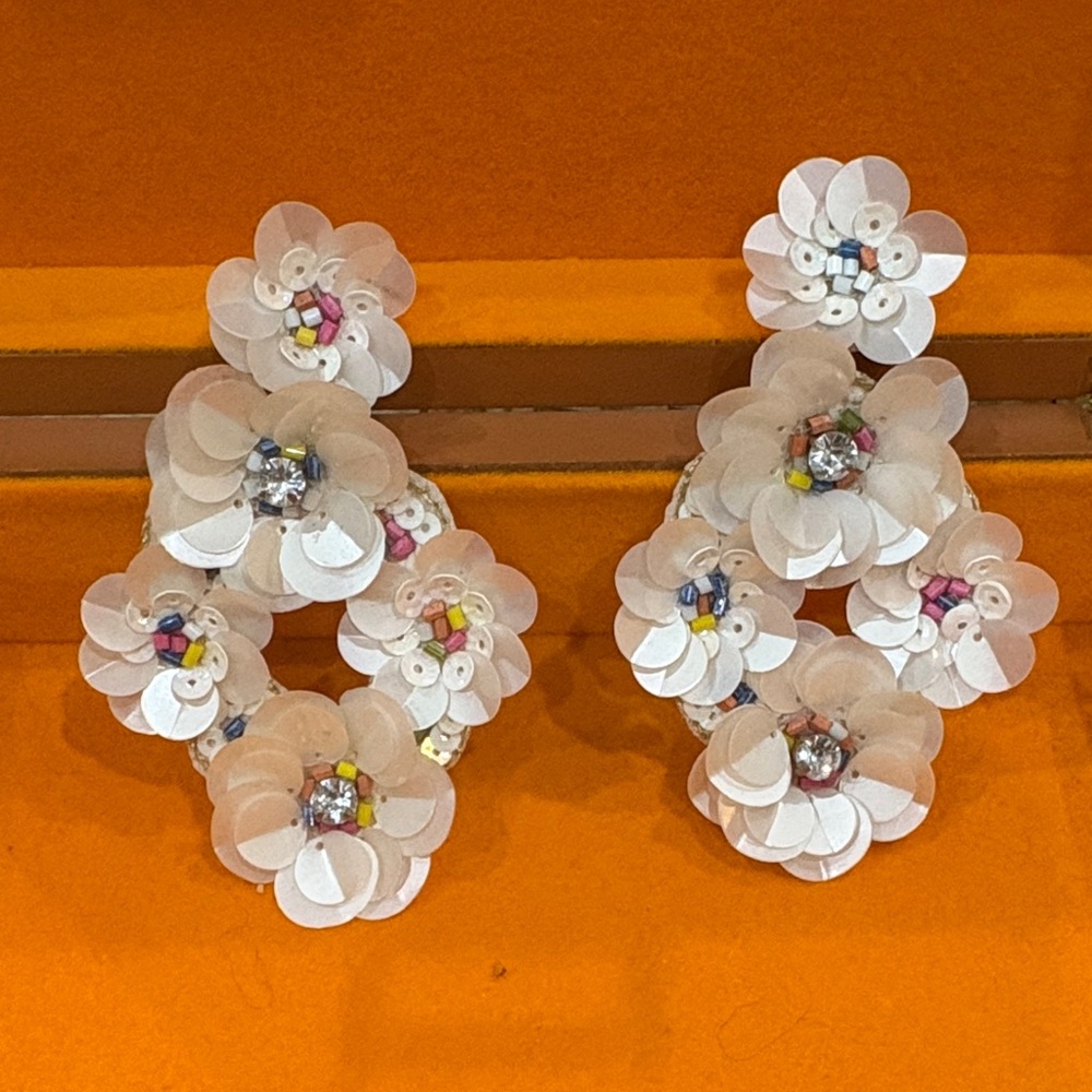 White Sequin Floral Drop Earrings - Women Jewelry